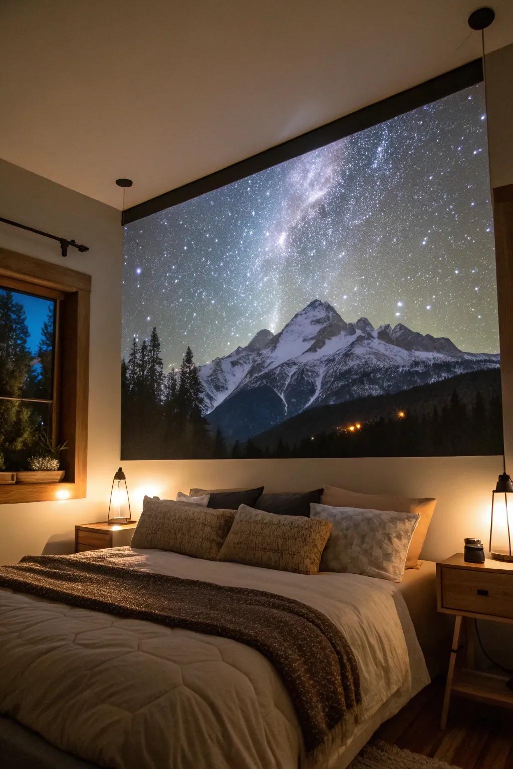 A mountainous silhouette grants a bedroom a sense of spaciousness.