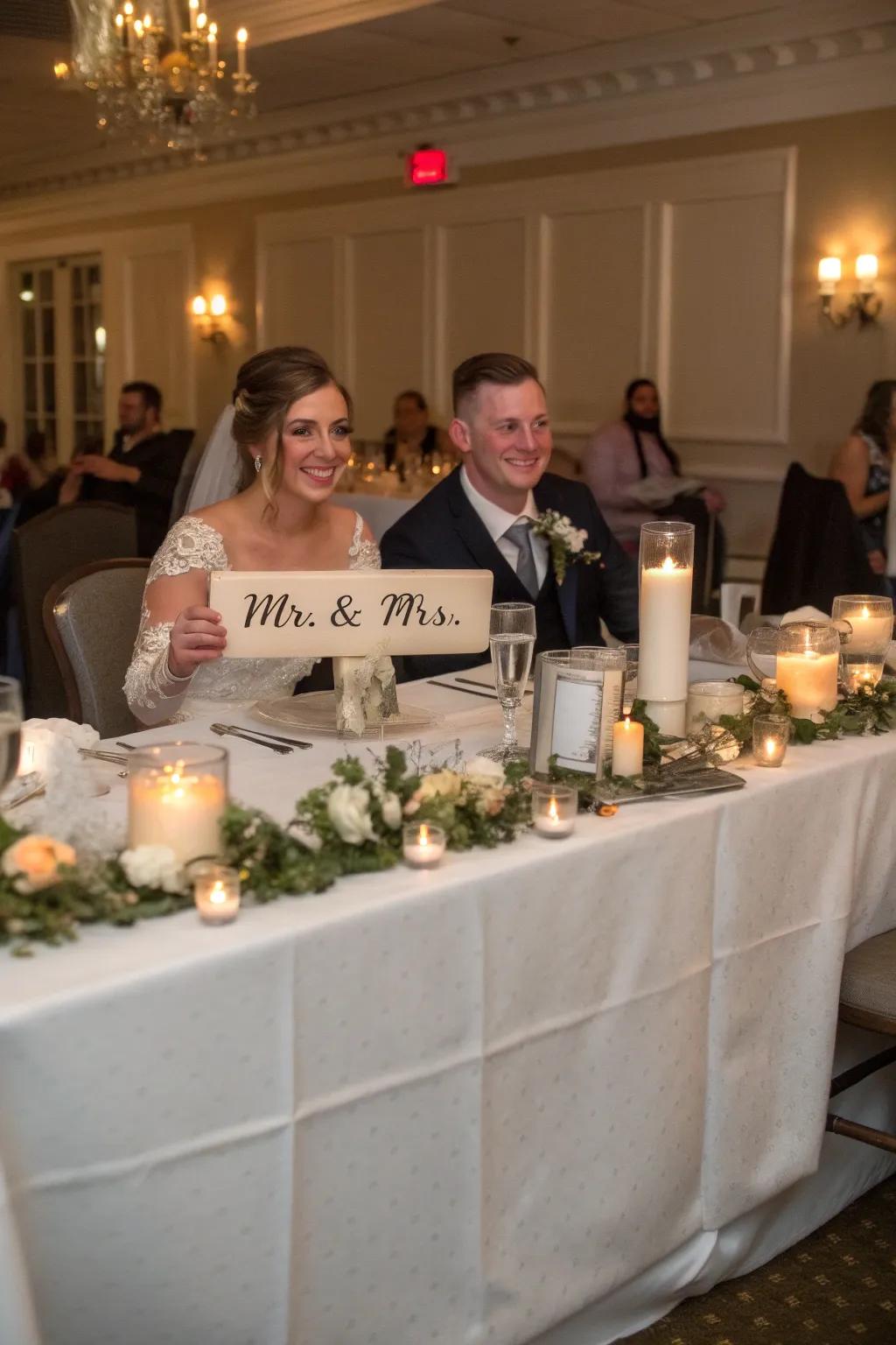 A bride and groom table featuring customized 'Mr. & Mrs.' emblems.