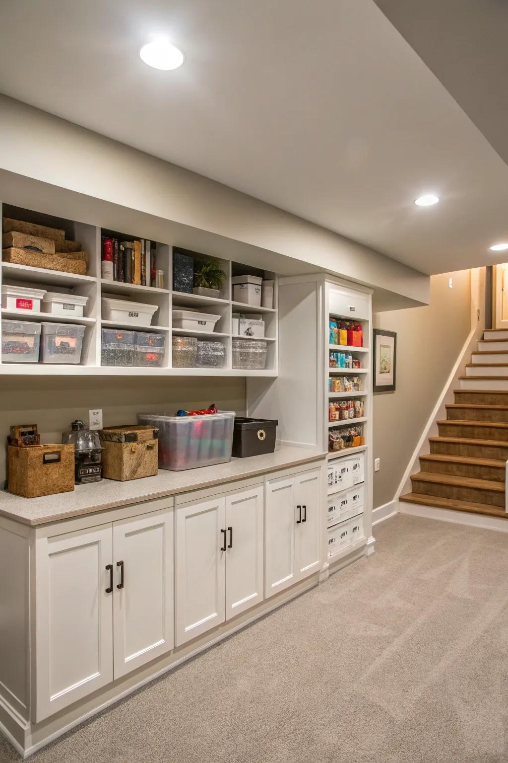 Smart storage solutions for maintaining a tidy basement.