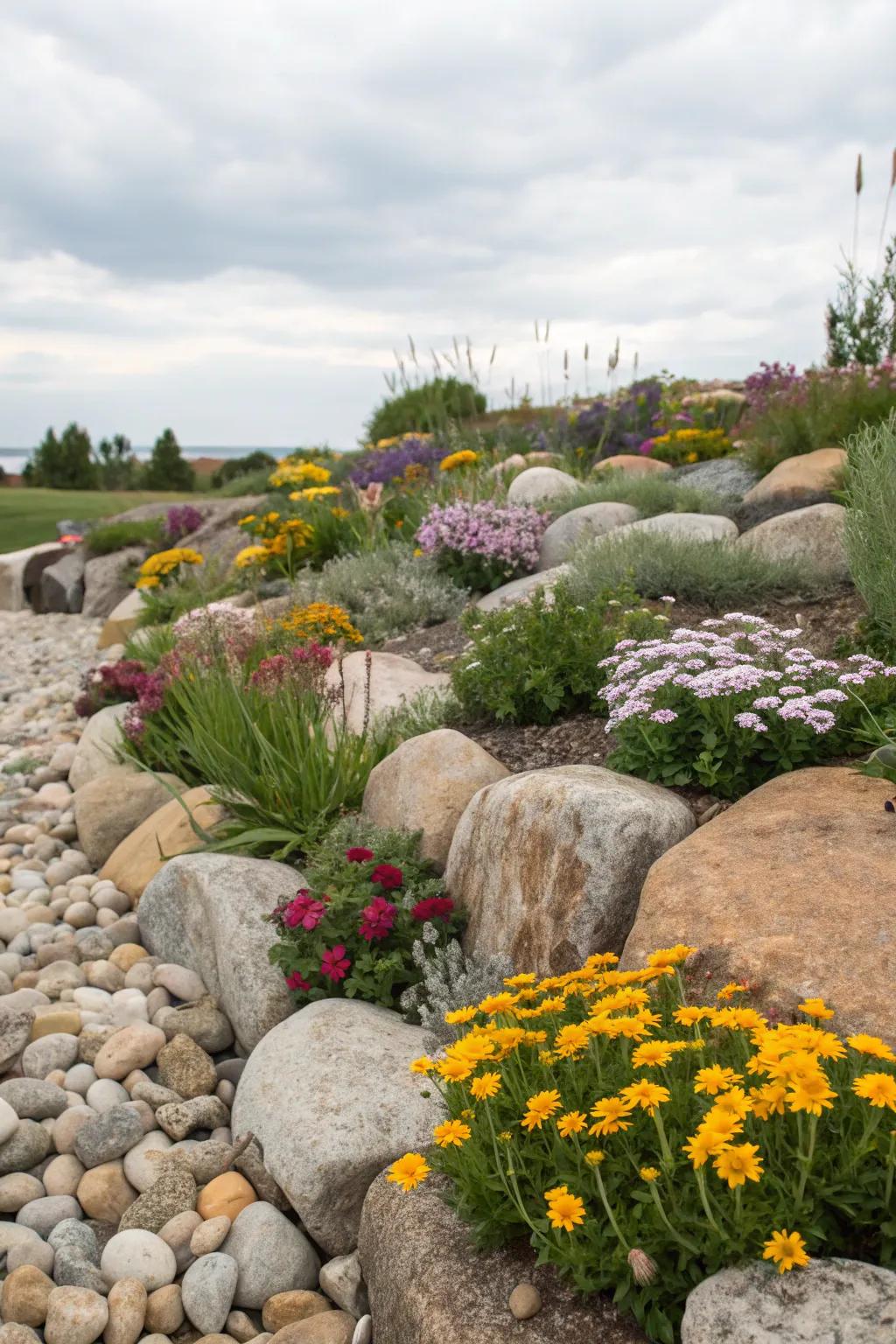 Native stones contribute texture and a sense of composition to the garden bed.
