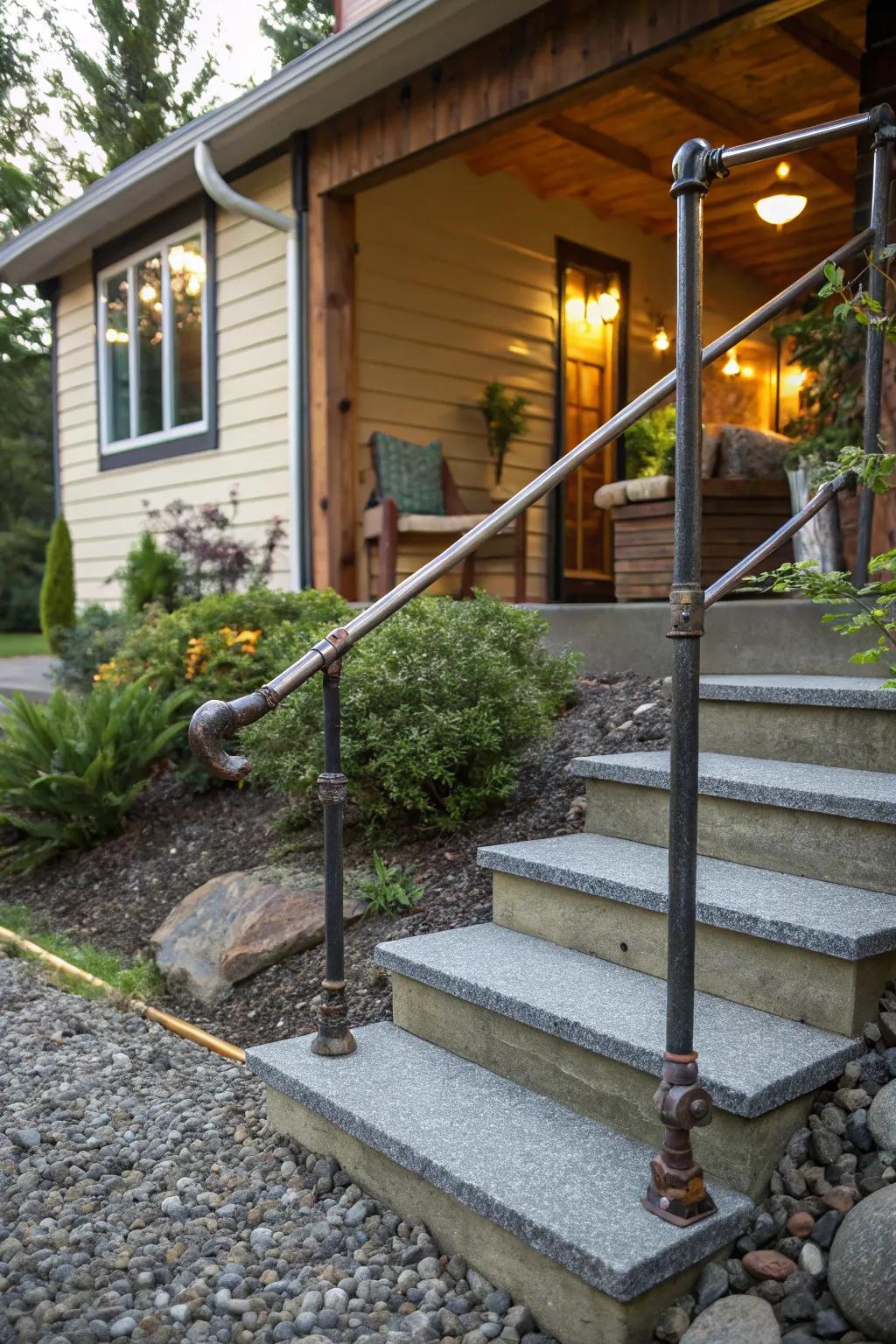 Bespoke conduit railings infuse an industrial accent into outdoor steps.