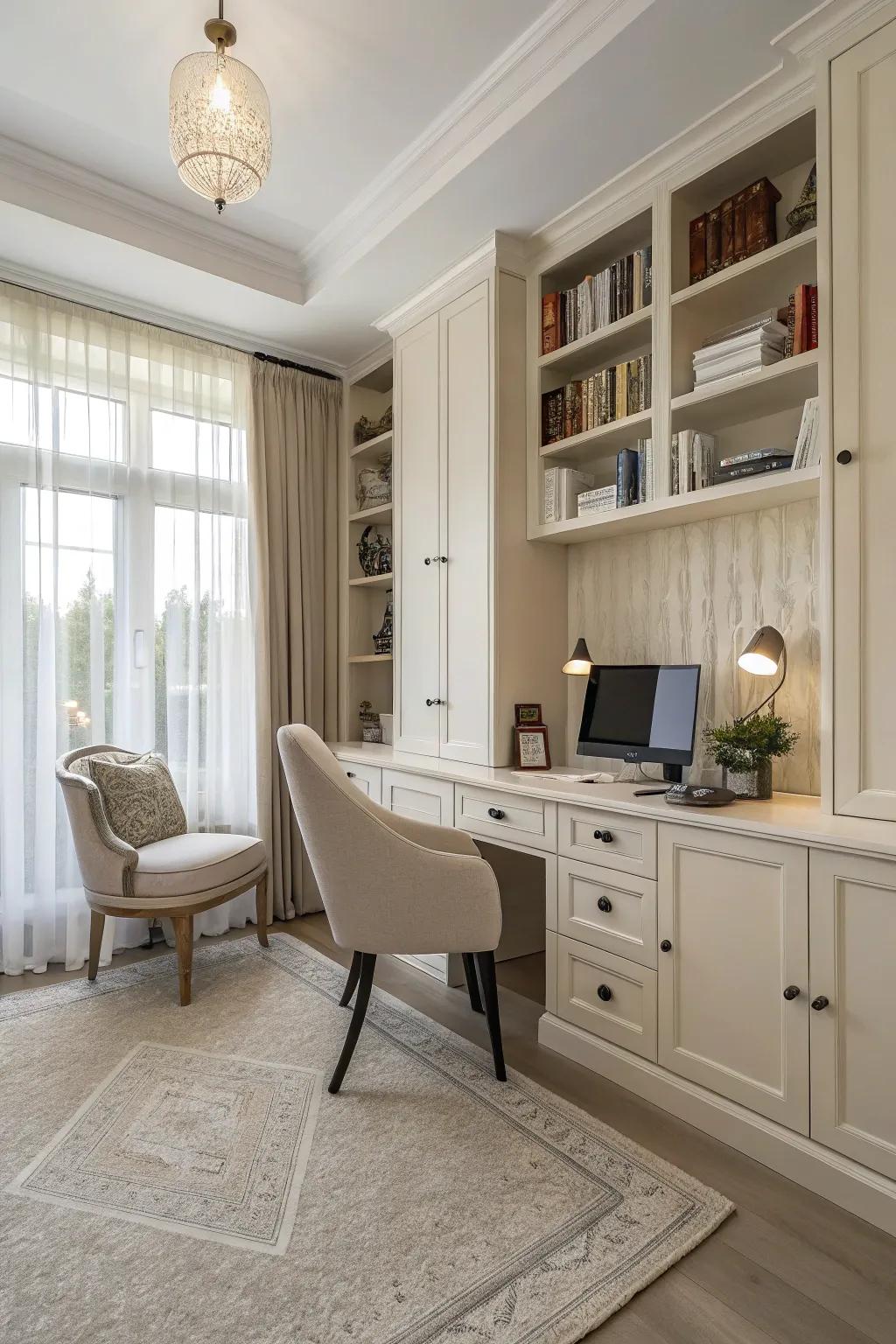 A neutral palette creates a soothing and refined workspace.