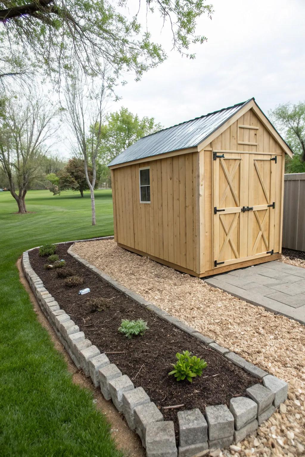 Mulch or small stones provide a clean and manageable border for your shed.