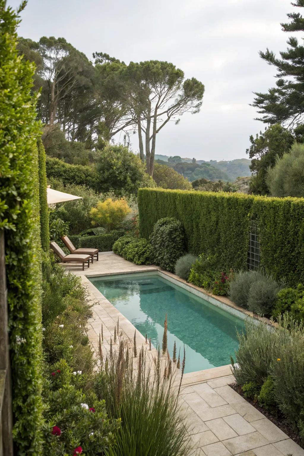 High-reaching plants providing privacy and enhancing the pool ambiance.