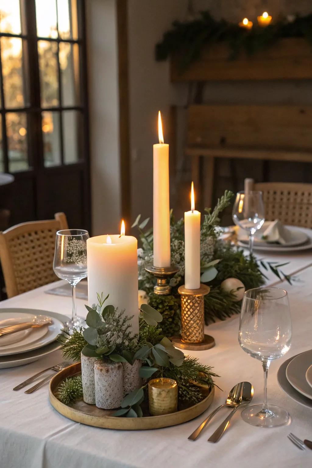Candles in different heights establish a radiant centerpiece.