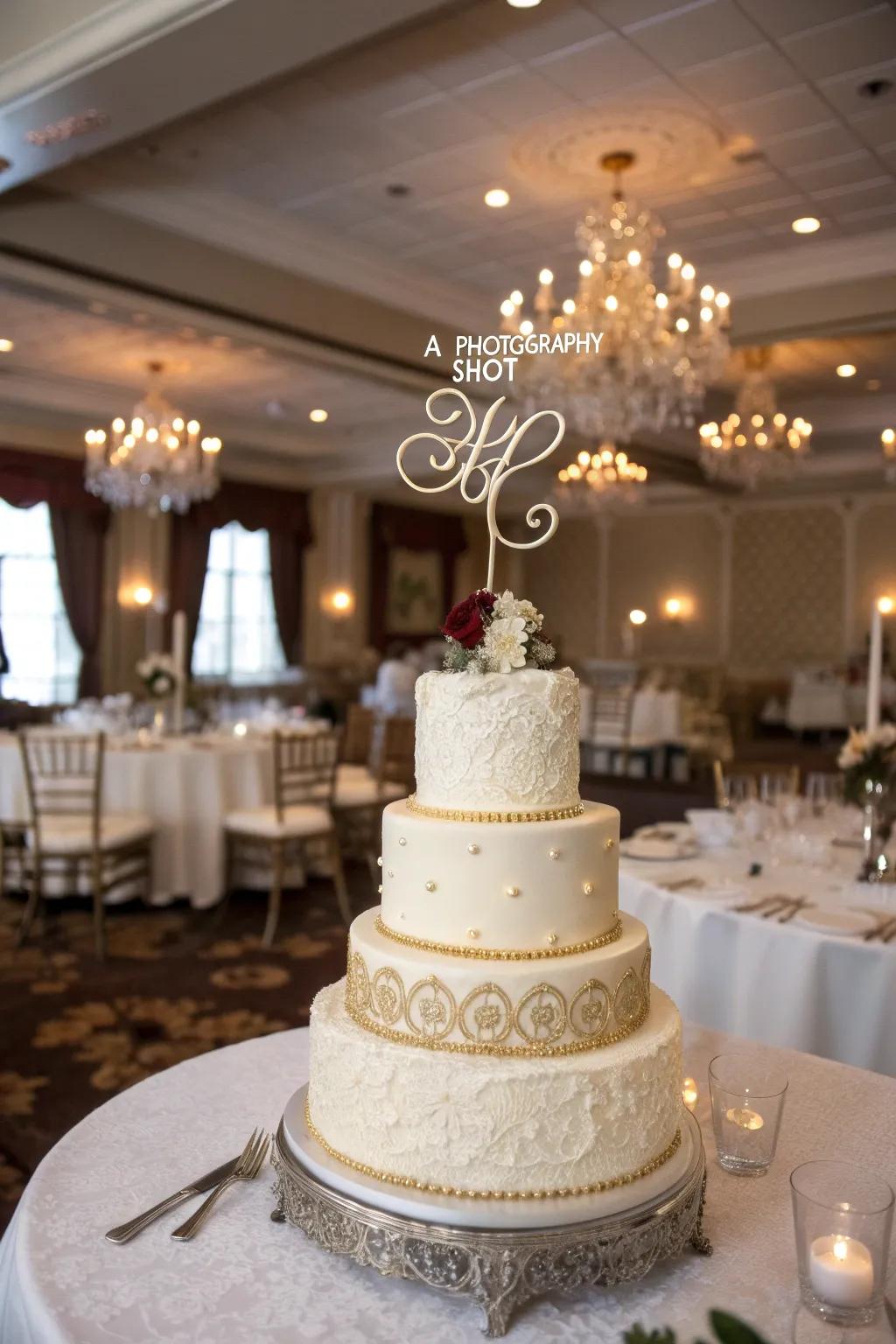Wedding cake personalized with a bespoke adornment.