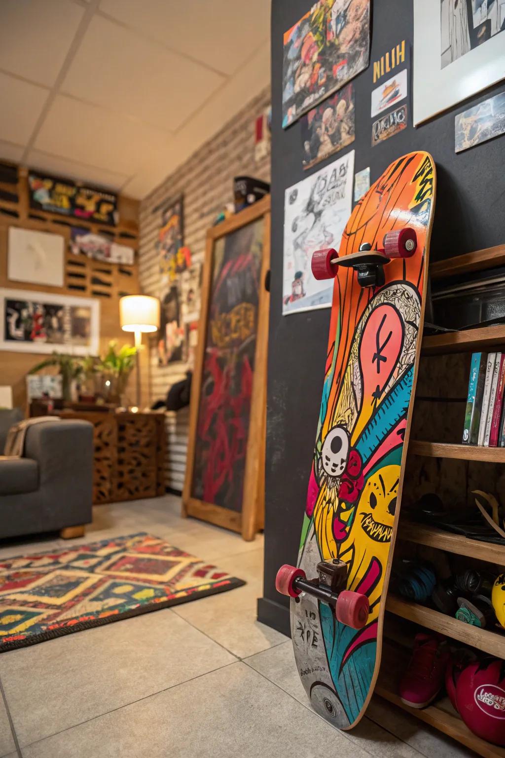 Infuse a burst of color through graffiti-inspired skateboard art.