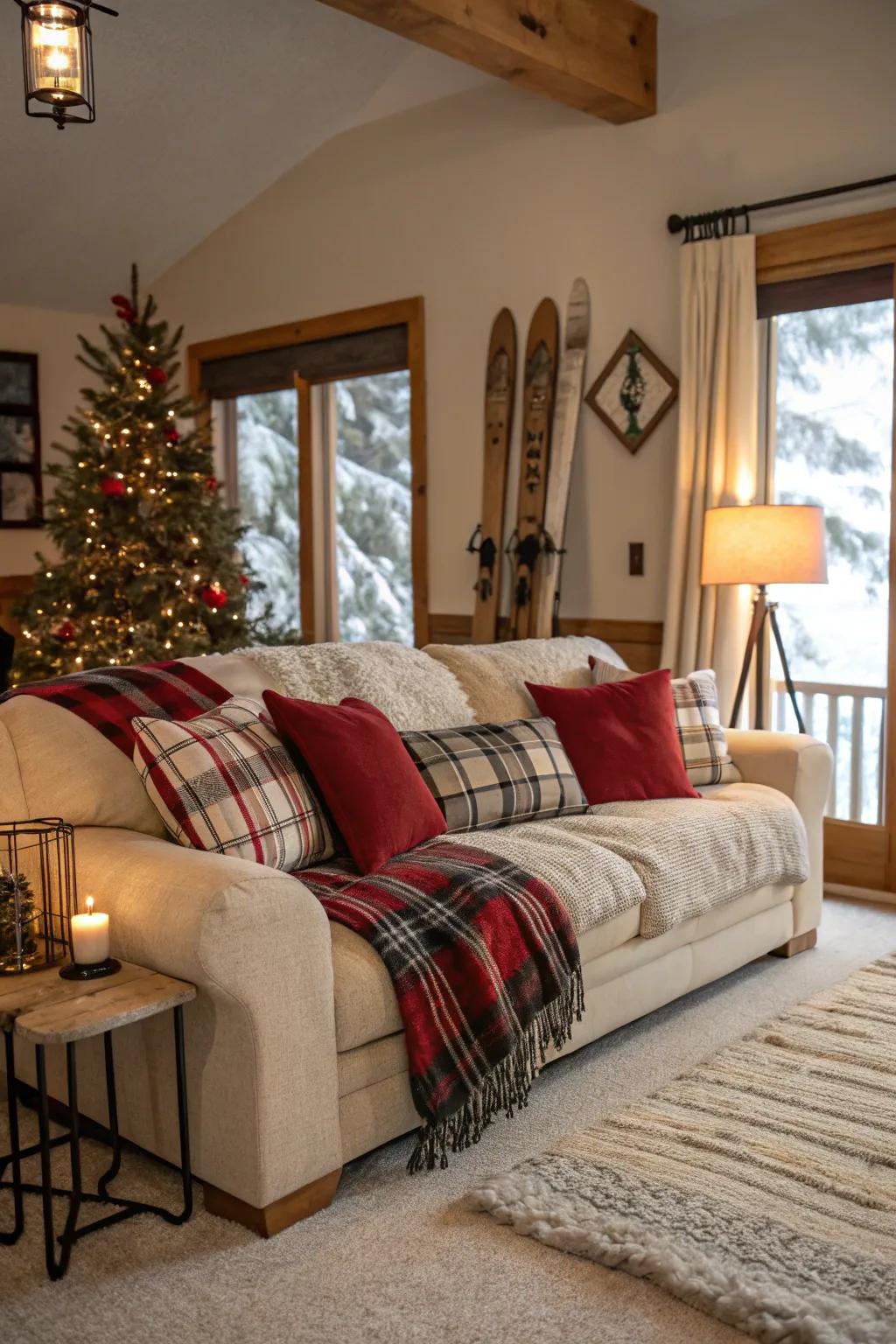 Fill your space with the cozy appeal of plaid designs for a ski lodge atmosphere.