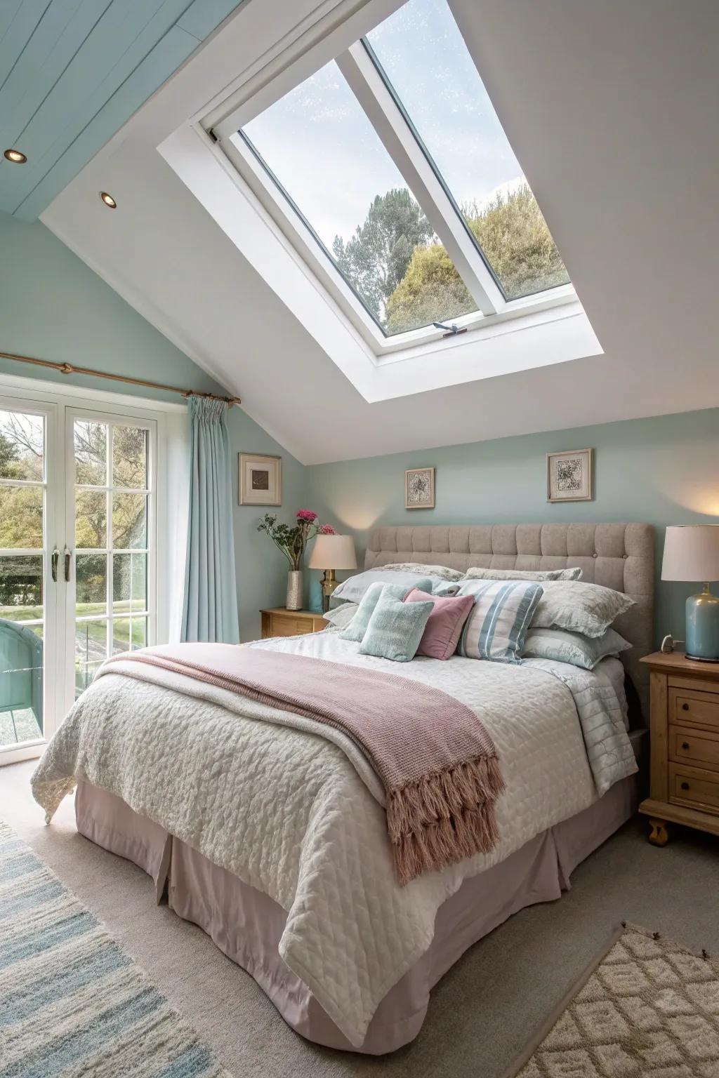 A peaceful bedroom subtly illuminated by a skylight.