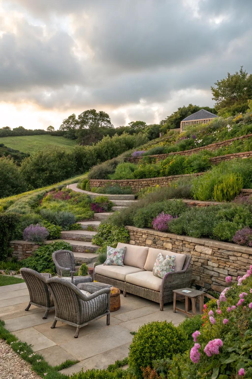 Comfortable seating areas encourage relaxation in your sloping garden.