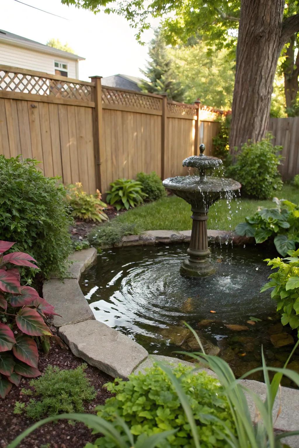 A small fountain adds serenity and draws wildlife to your backyard.