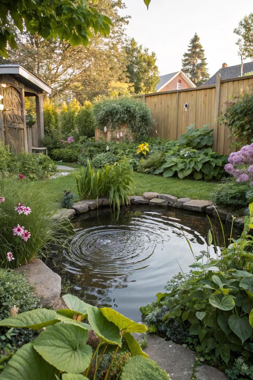 Lush greenery surrounds a small pond, resulting in a more organic impression.