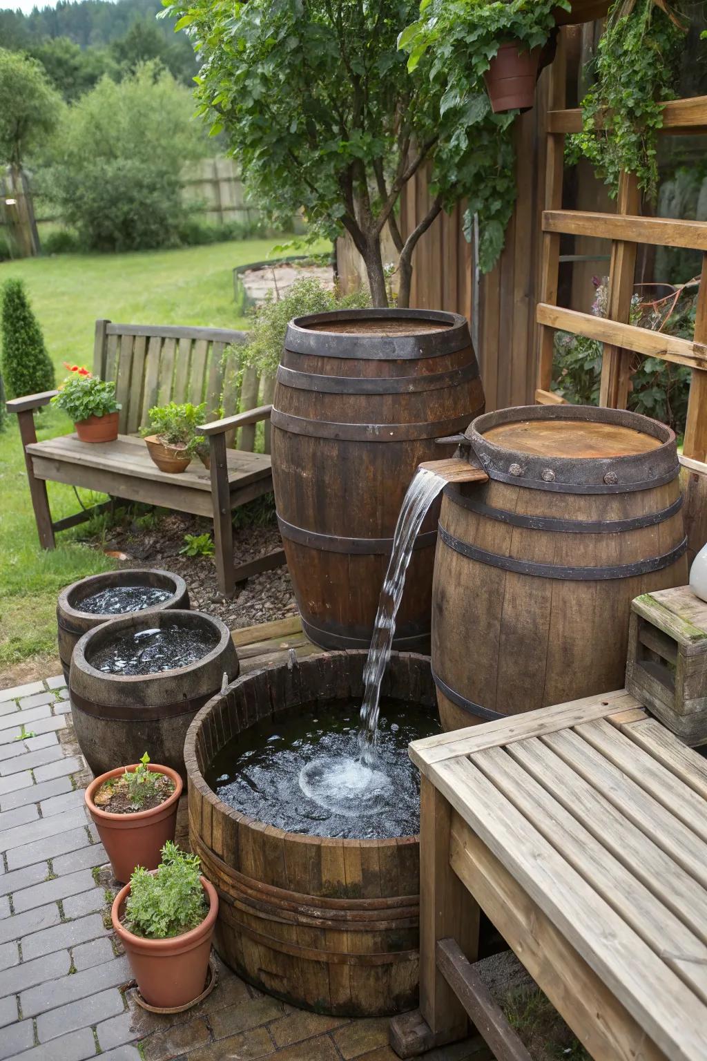 Reclaimed receptacles generate a distinctive and delightful waterfall attribute.