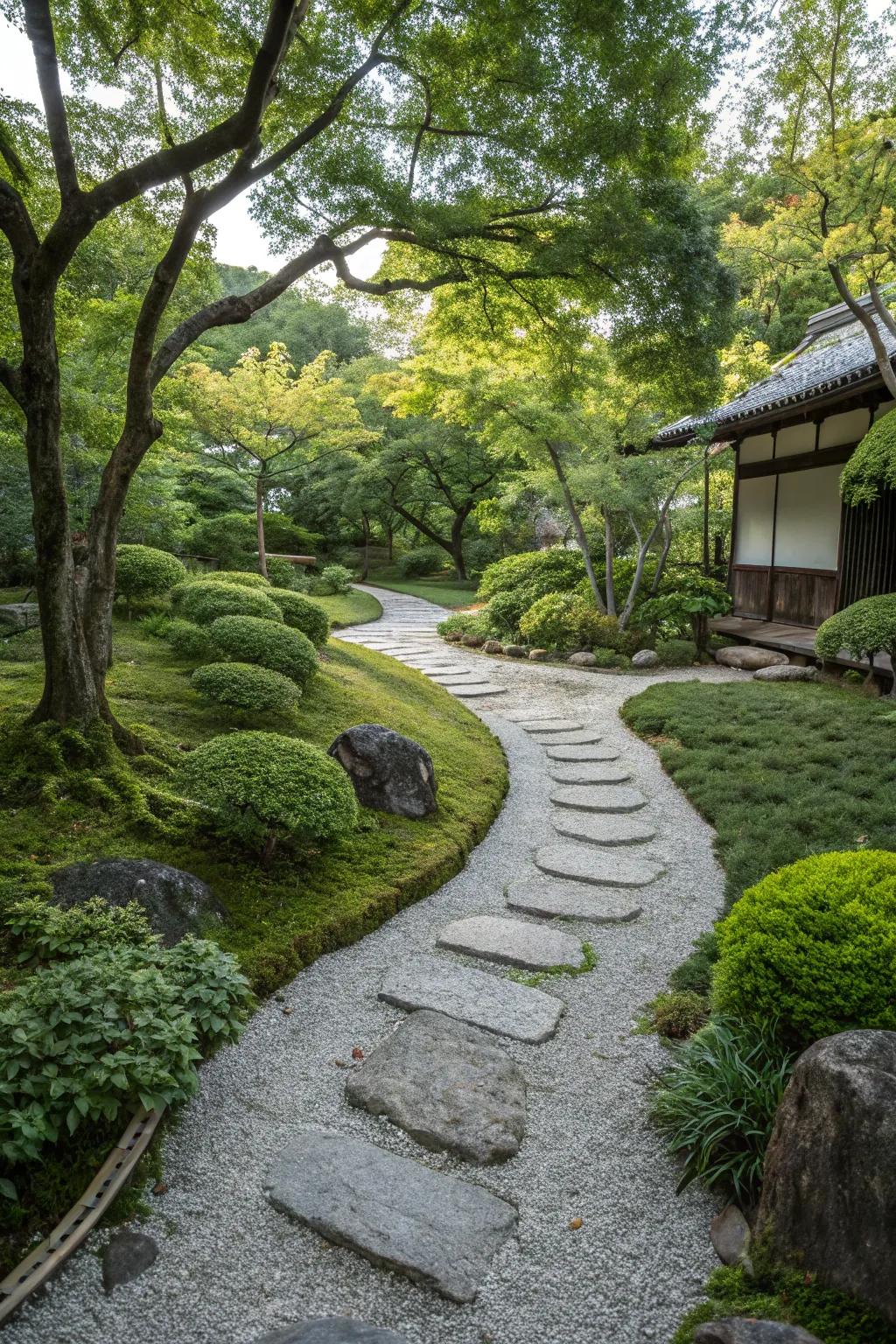 A zen garden showcases a stepping stone path meandering through verdant foliage and gravel.