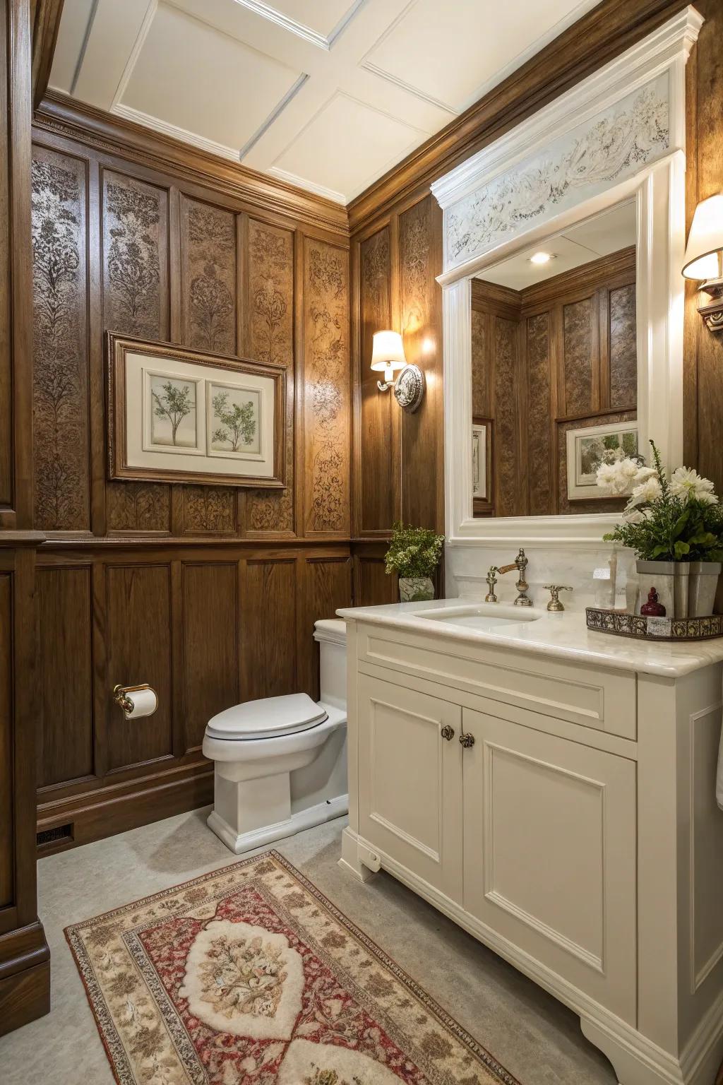 Wainscoting is showcased in a compact bathroom, manifesting timeless polish and panache.