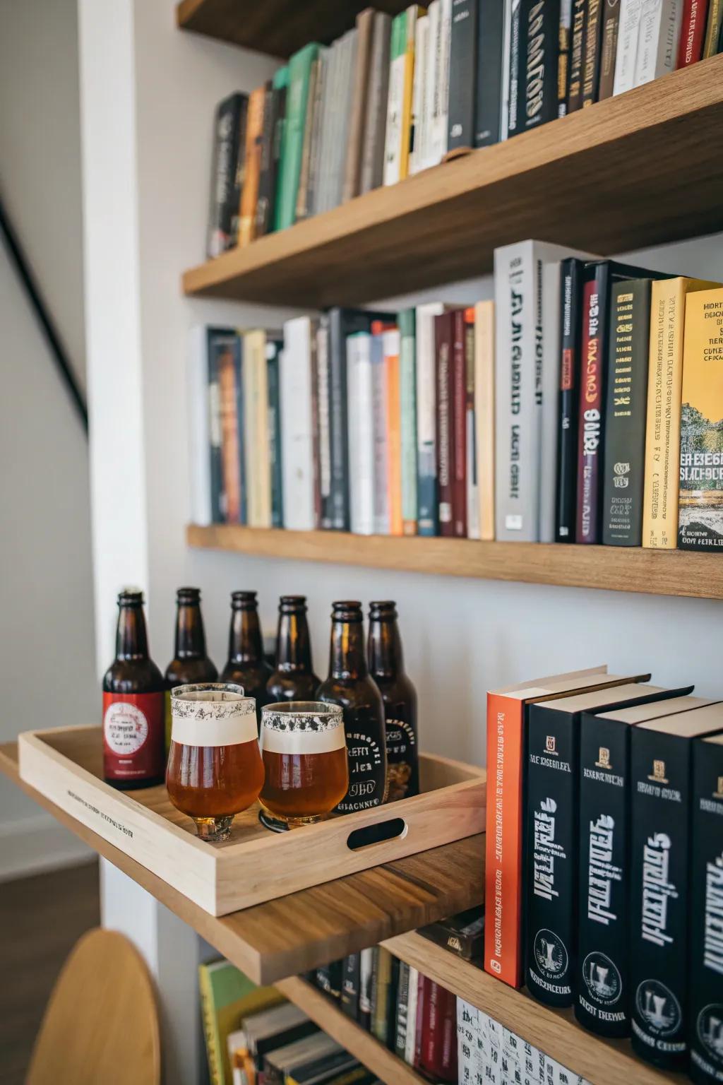 Literary alcove featuring integrated ale presentation for a scholarly refinement.