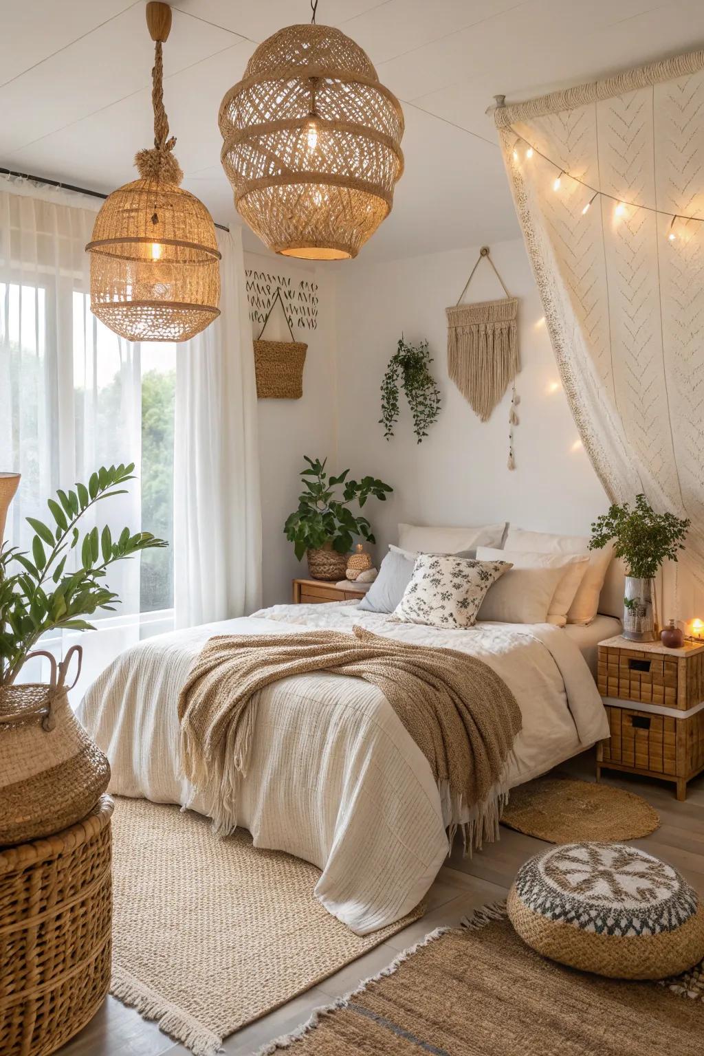 Rattan and woven decor introduce a bohemian touch to this small bedroom