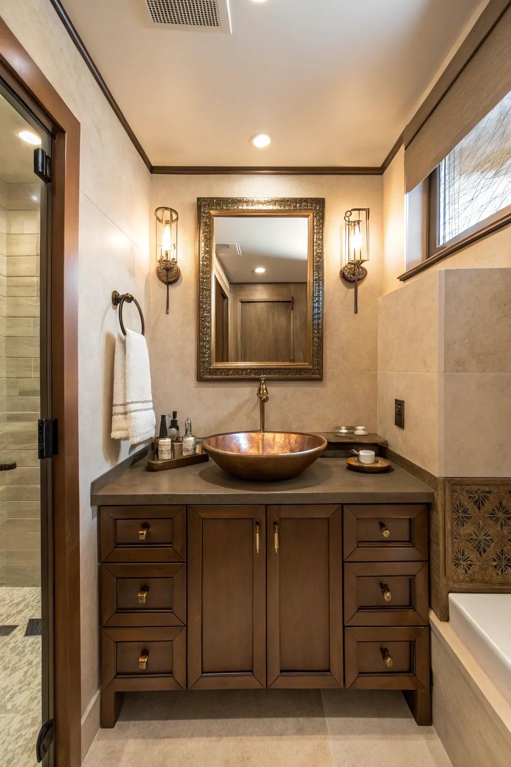 Contemporary bronze fixtures beautifully complement brown shades.