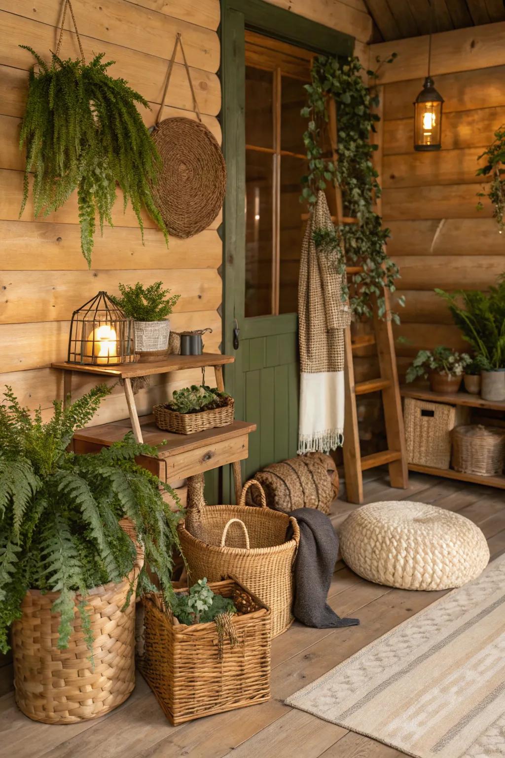 A cabin adorned with ornaments that resonate with nature, enhanced by earthy color schemes.