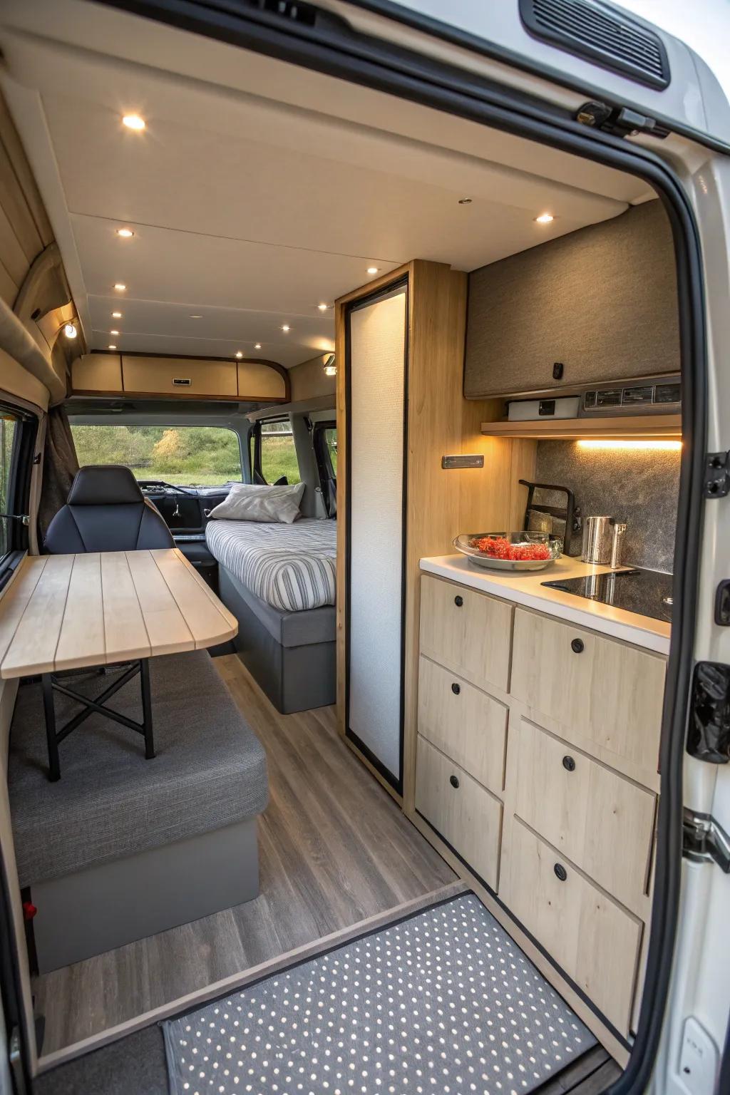 Separated areas inside a camper create a sense of order and privacy.