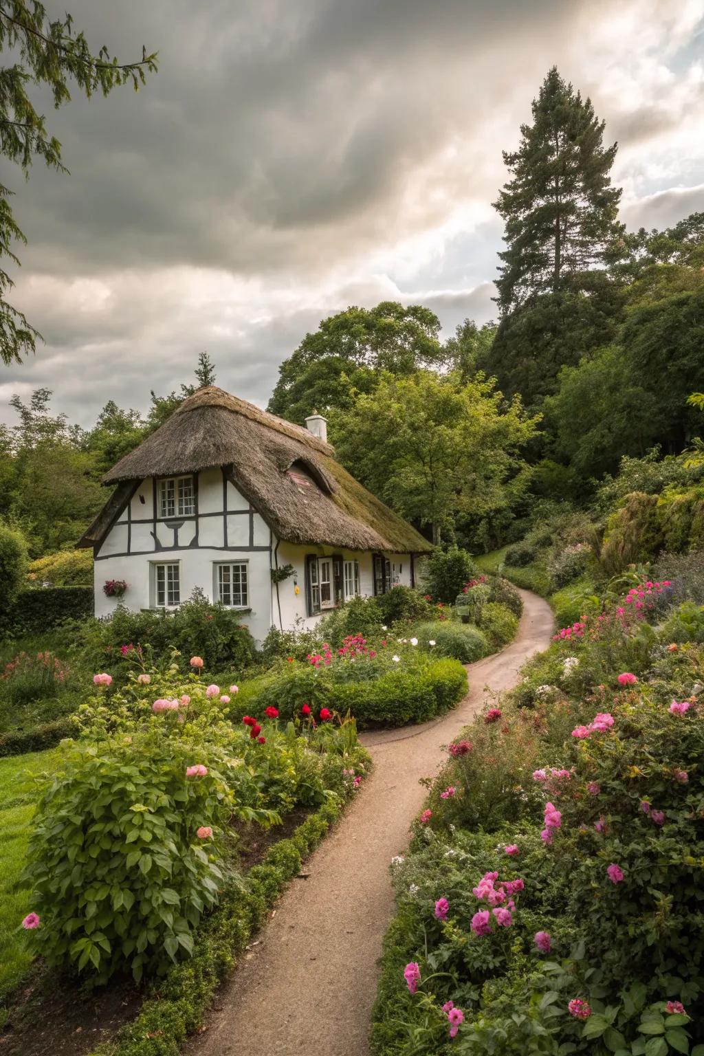 A lavish garden surrounds this delightful cottage.