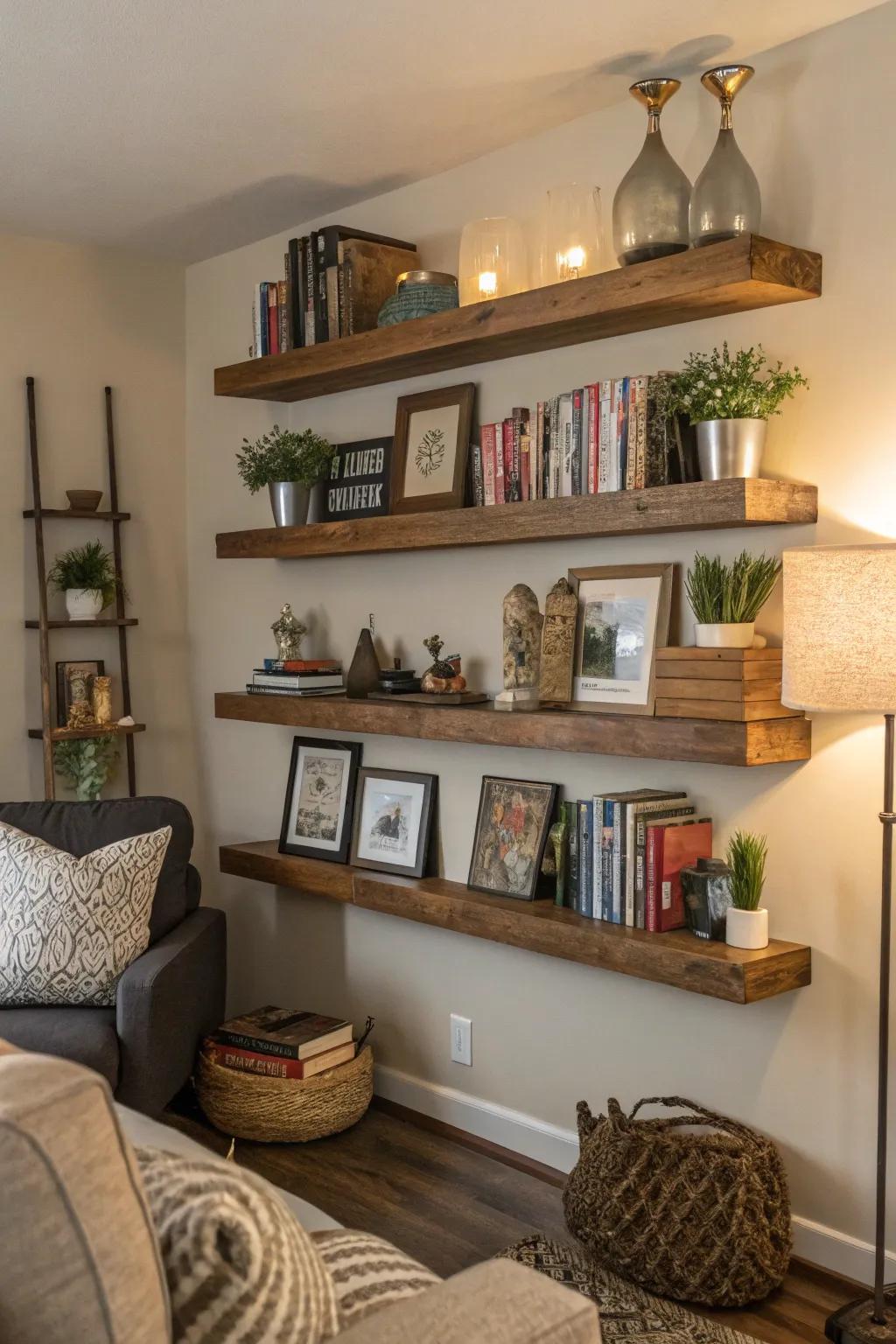 Amplify vertical space using chic floating storage.