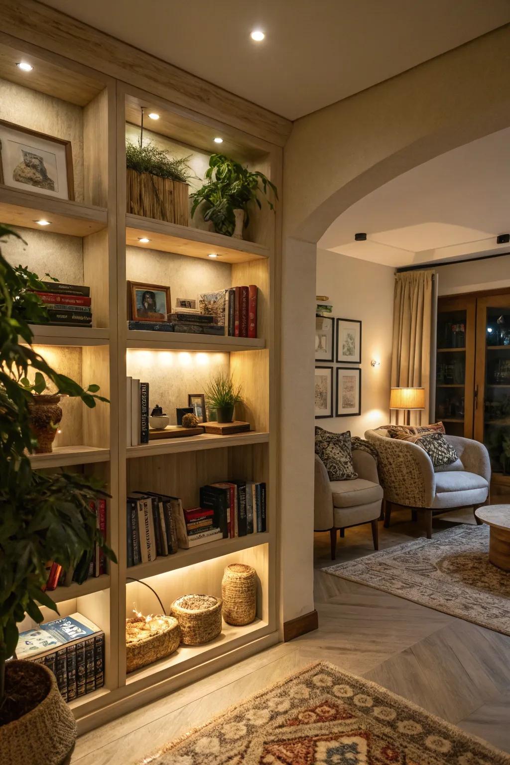 Inset shelving delivers storage without claiming floor space.