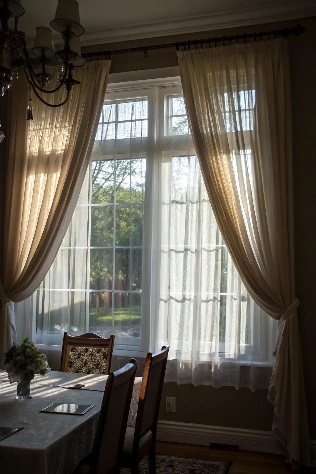 Layered window treatments provide depth and adaptable light management.