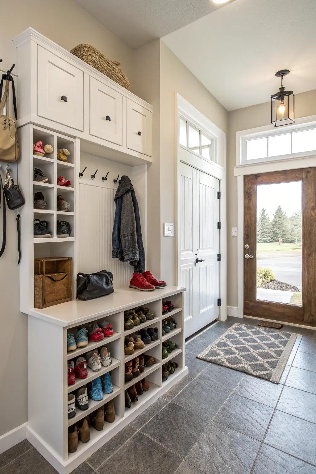 Wall-affixed storage saves space and enhances organization.