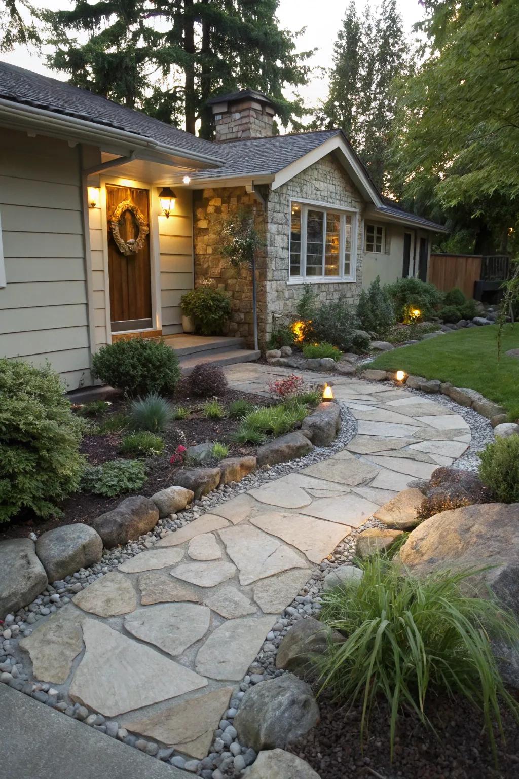 Stone walkways and boulder borders provide structure and flair.