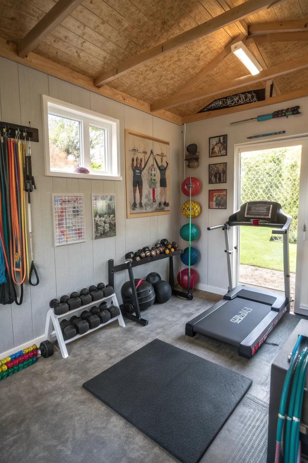 A small garage transforms into a private fitness center.