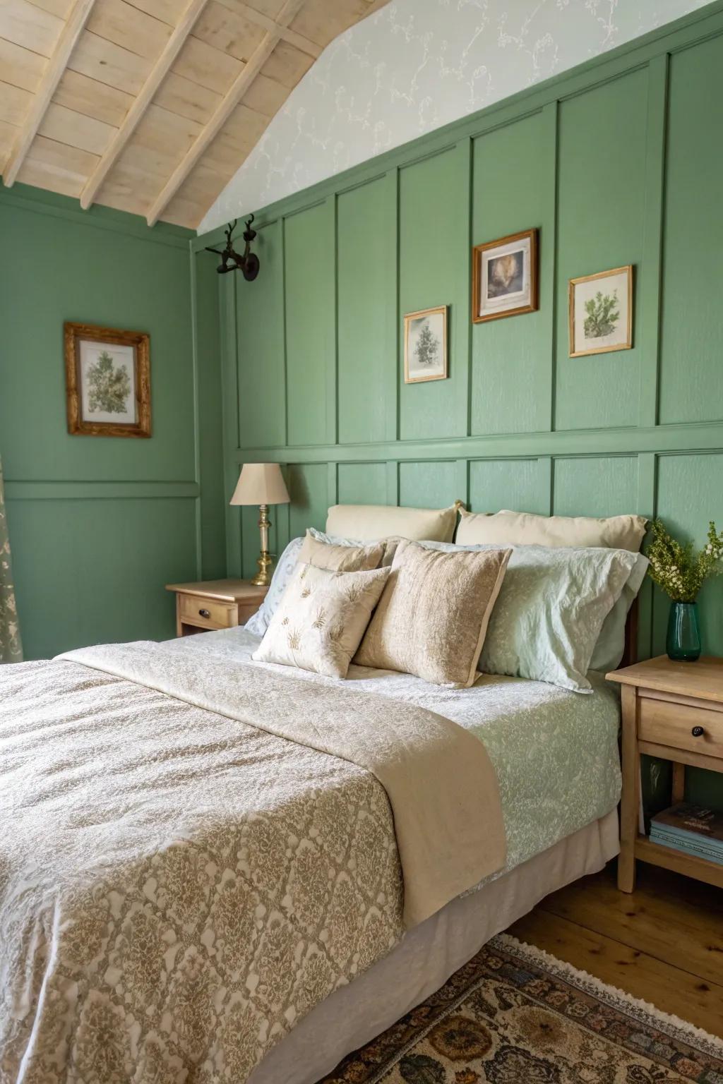 Pale neutral bedding exquisitely complements verdant walls.