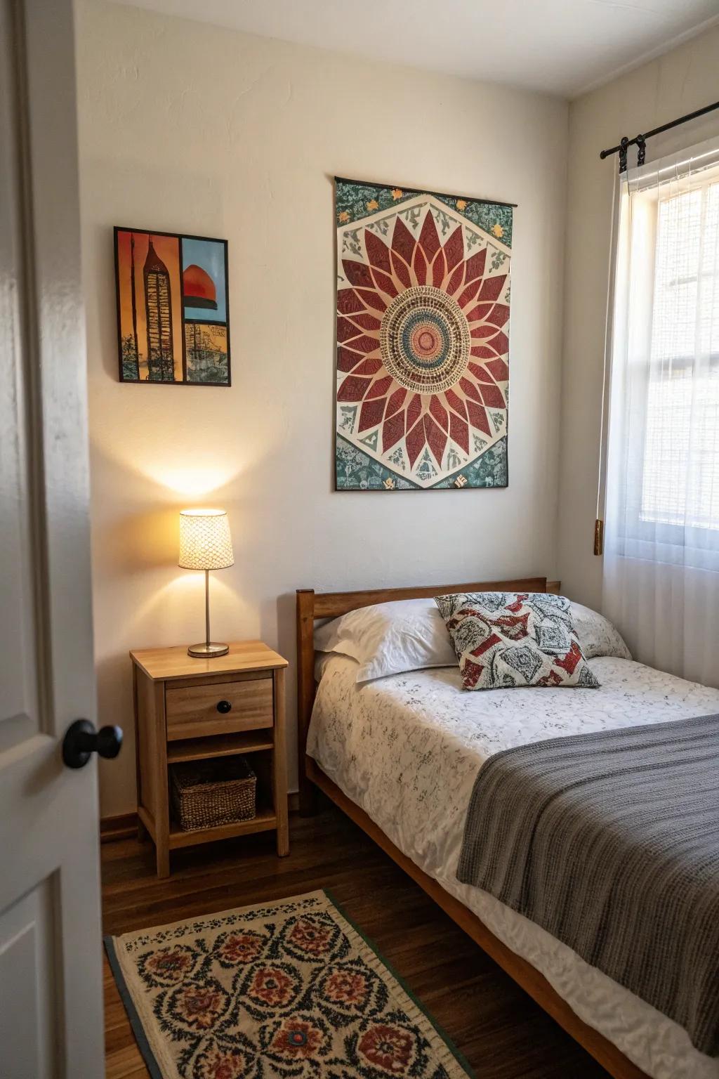 Wall art enriches character and dimension.