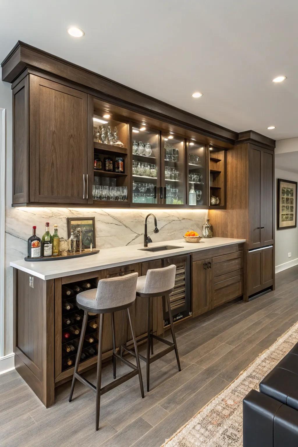 An integrated kitchen bar delivers a balanced and efficient employment of space.