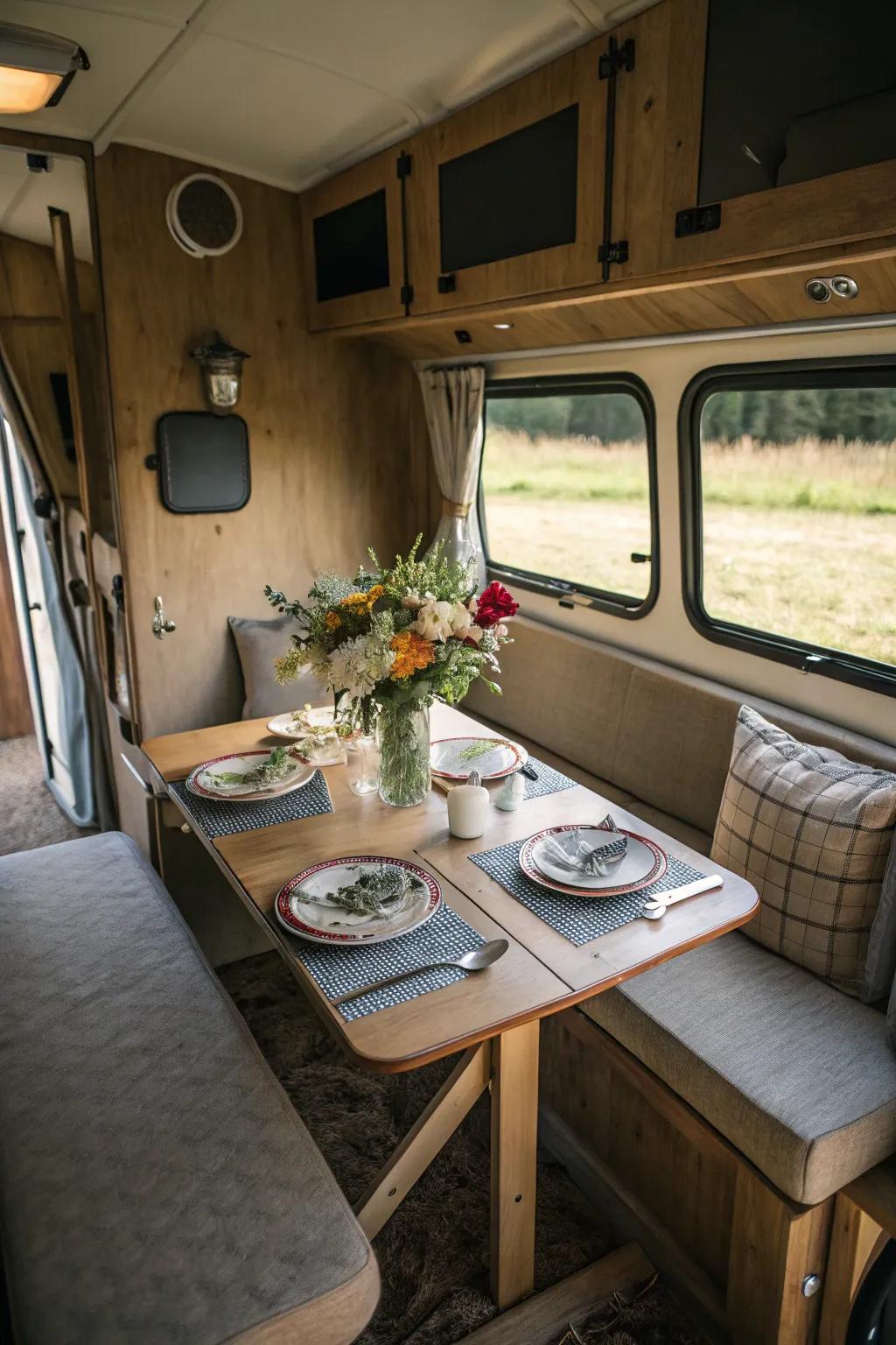 A foldable dining setup provides versatility in confined areas.