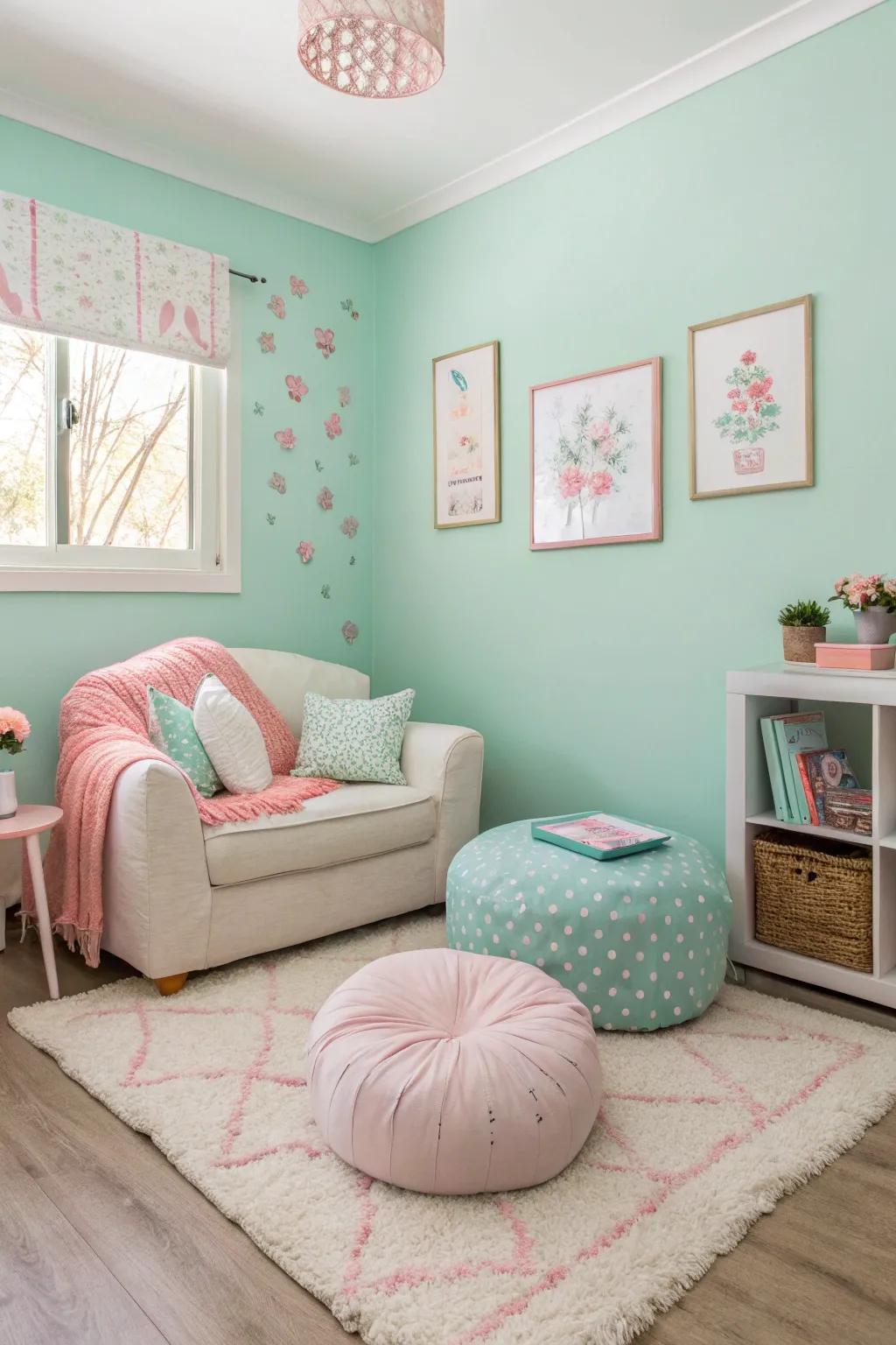 A small living room with mint green walls and pastel accents.