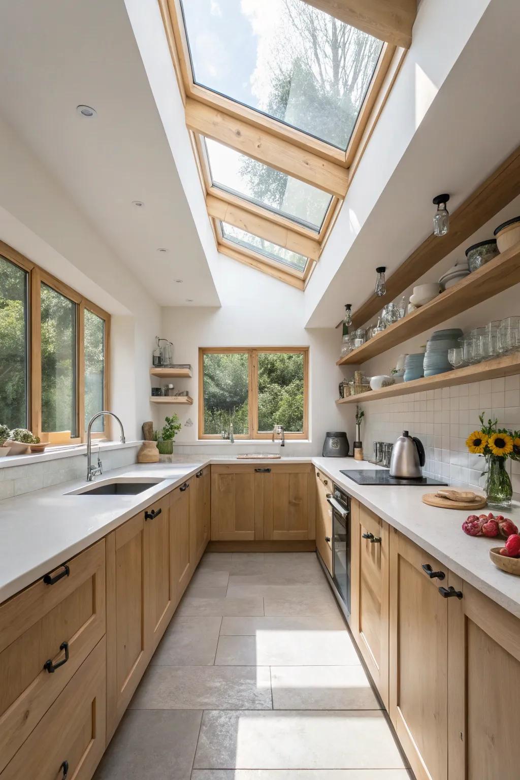Overhead windows brighten smaller kitchens, amplifying their spaciousness.