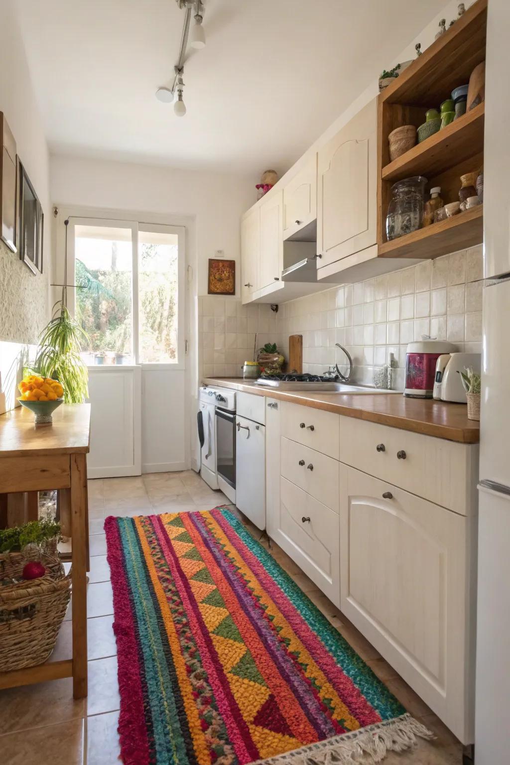 A lively floor covering introduces warmth and character within this limited cooking space.