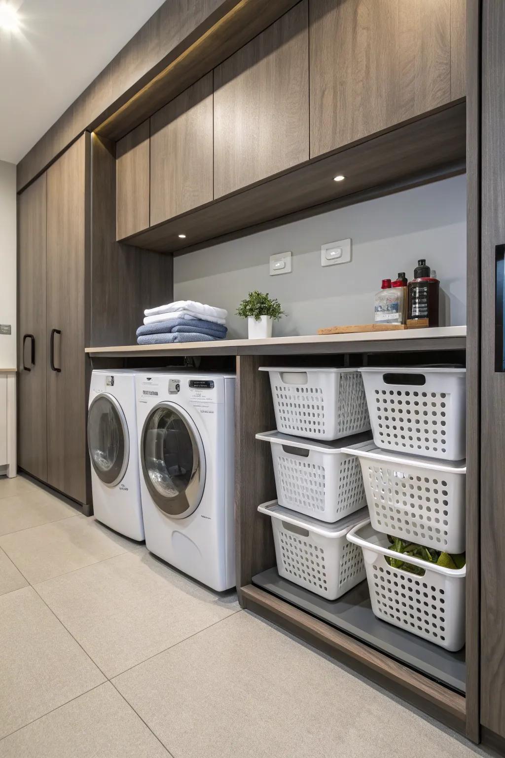 Maintain laundry organization with slide-out hampers.