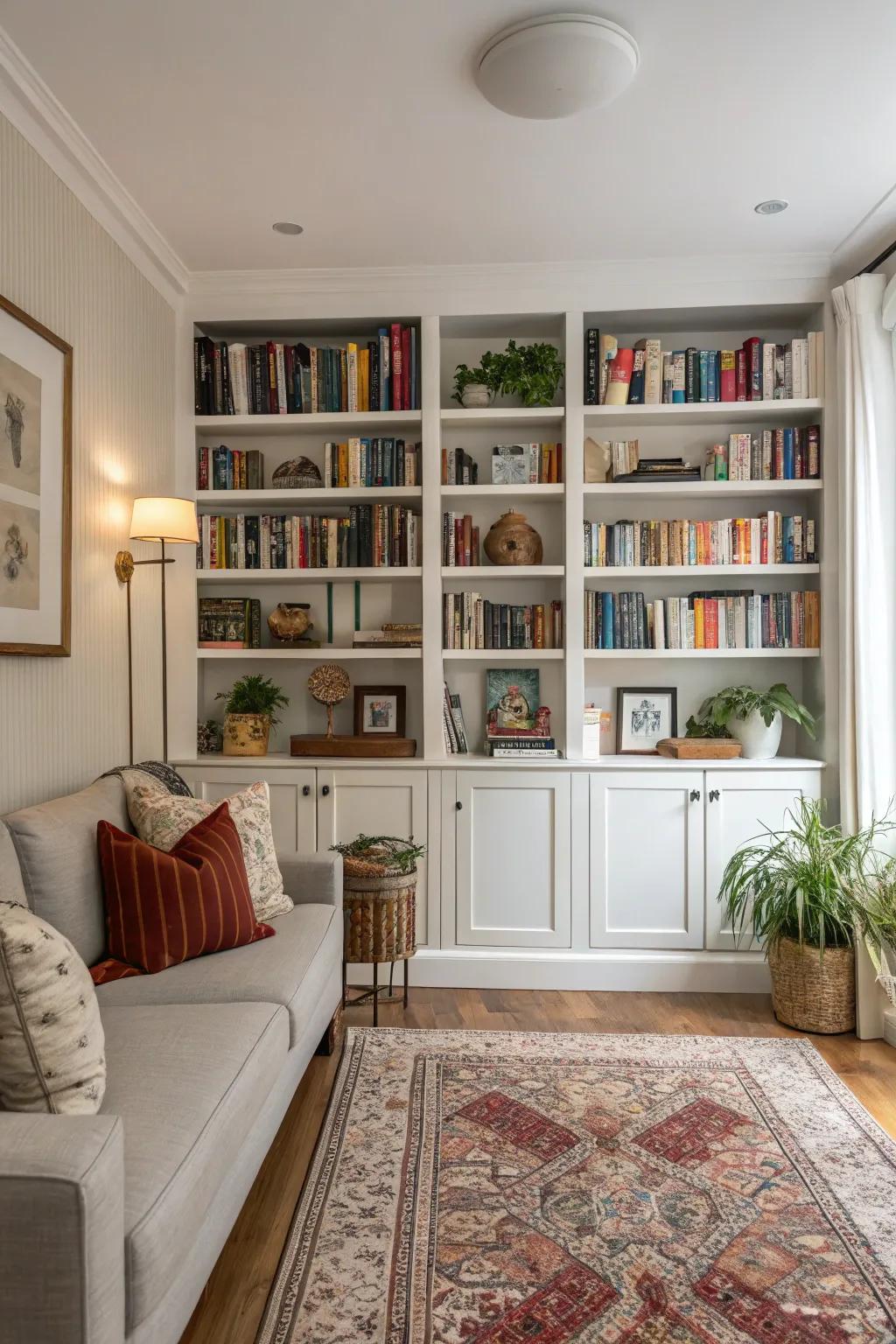 Structured shelving enhances storage and sophistication.