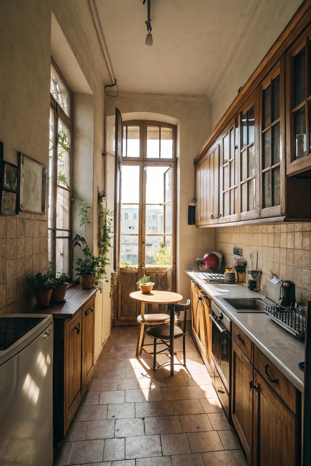 Natural illumination accentuates the expansive quality of this narrow kitchen.