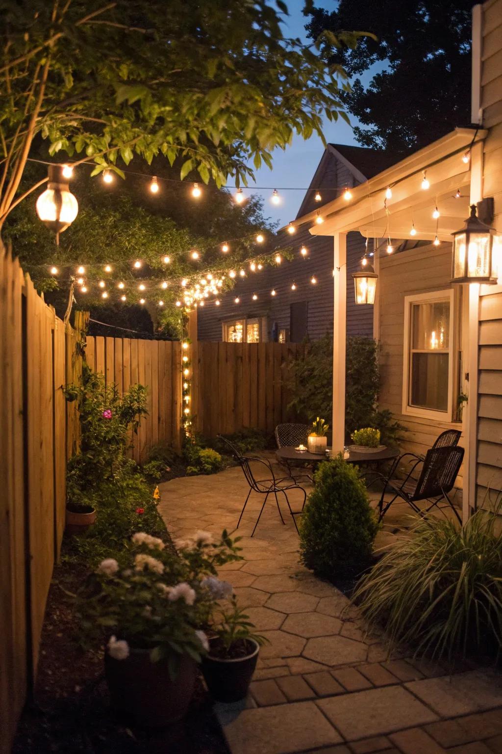 String lights contribute a magical element to an evening patio.