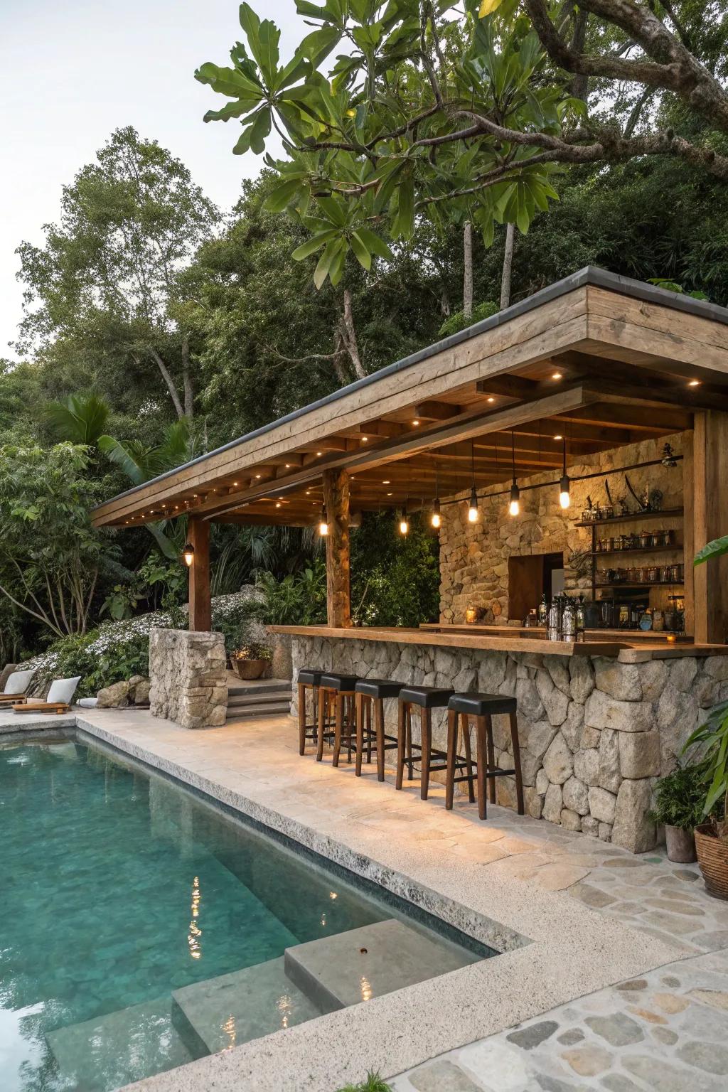 Natural materials like stone and wood impart a hint of rustic sophistication to poolside bars.