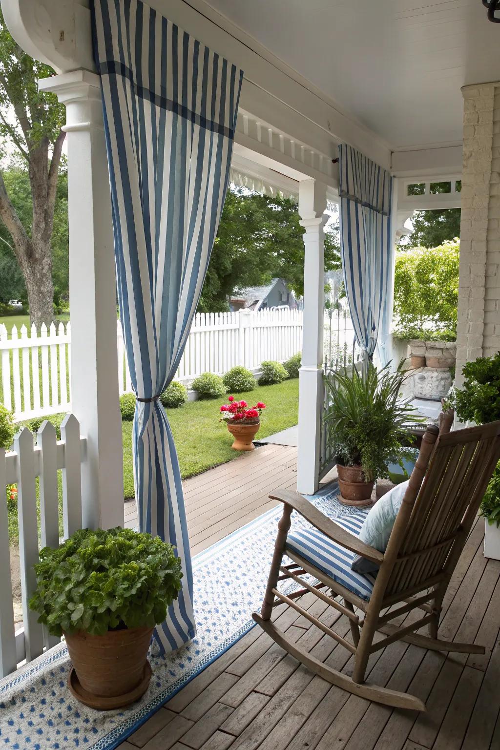 Striped draperies establish a distinguished and roomy ambiance on your porch.