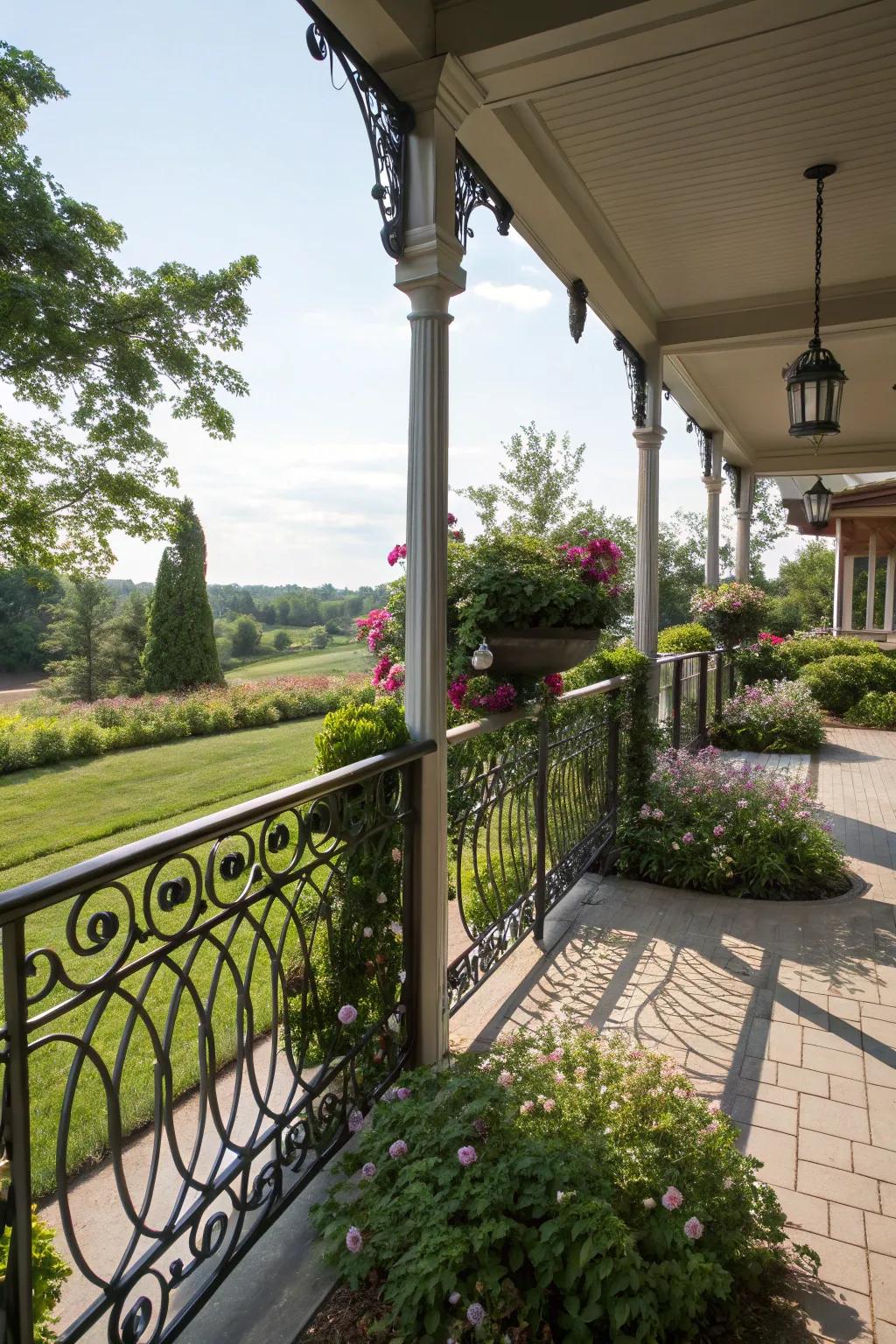 Side porch enhanced with refined metal railings for a polished appearance.