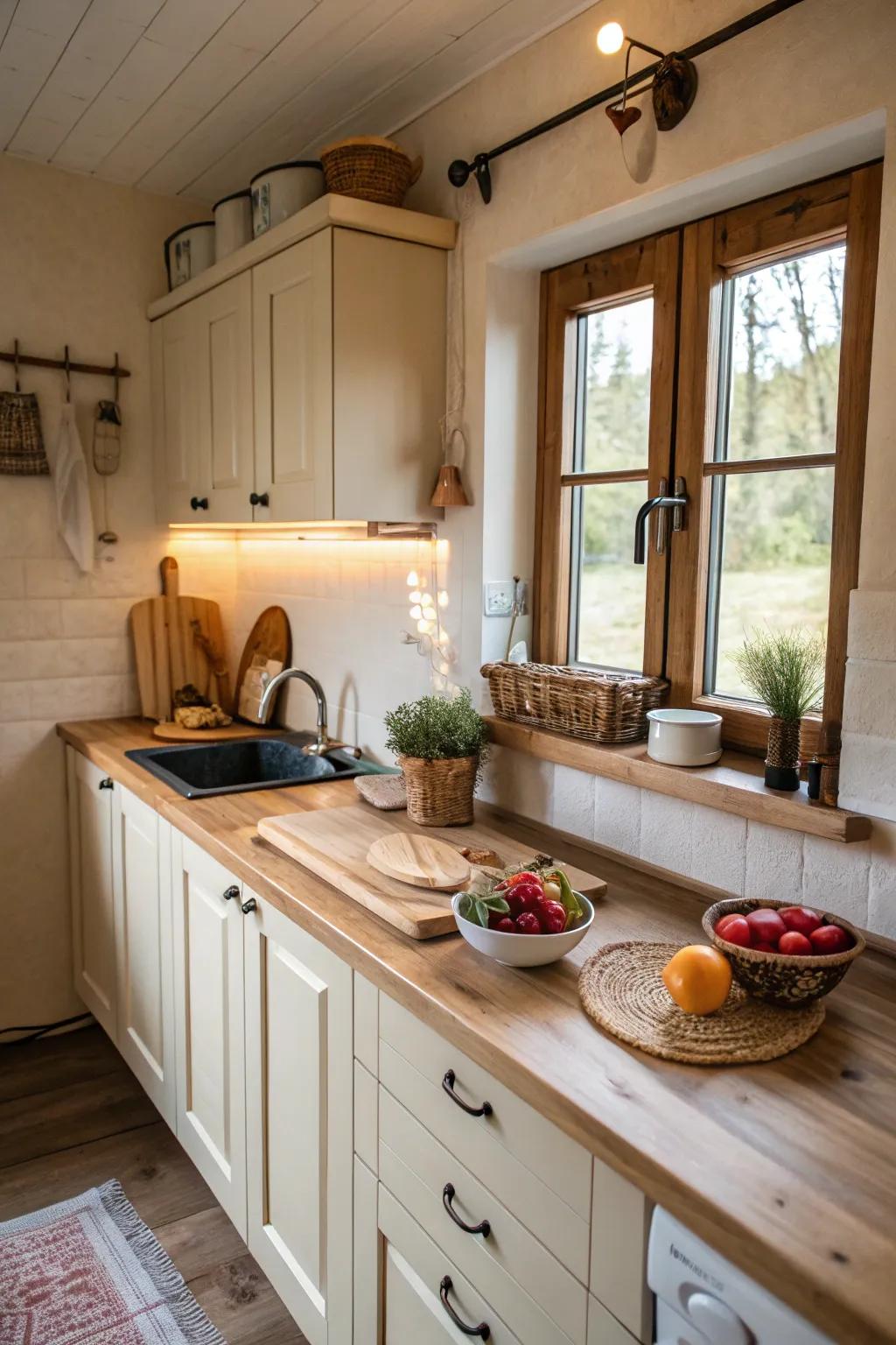Timber surface planes enhancing the warmth of a condensed kitchen area.