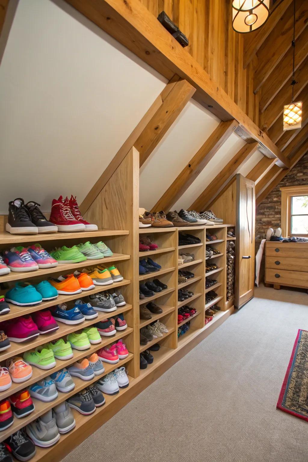 Custom shoe racks keep collections neat and accessible.