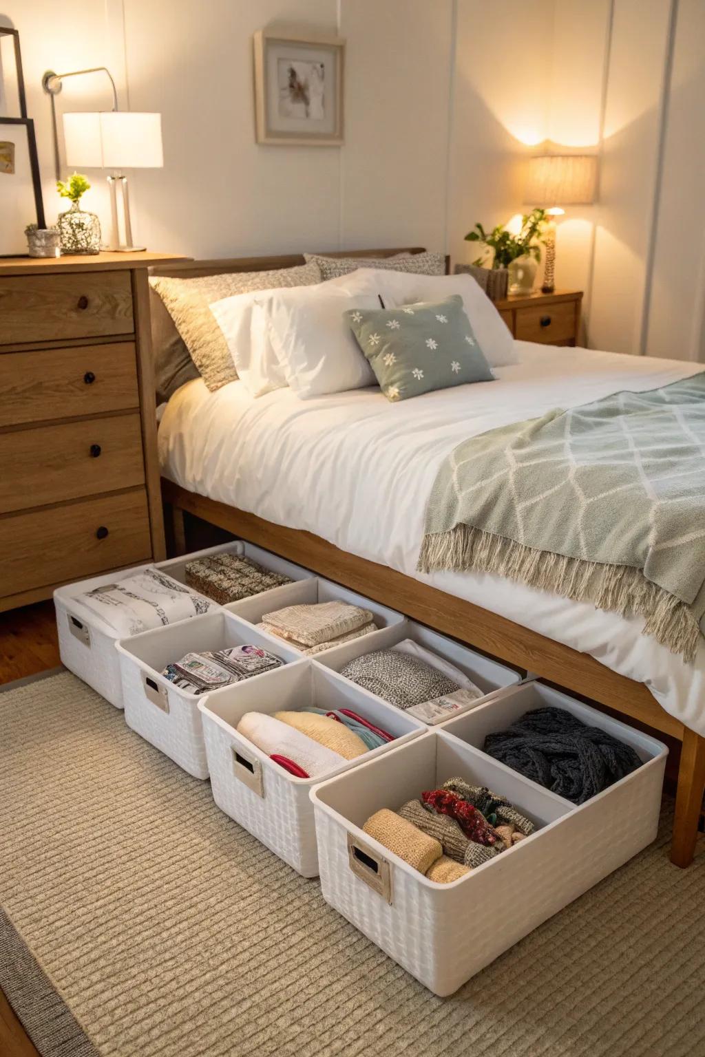 Well-organized storage containers under a bed in a stylish bedroom.