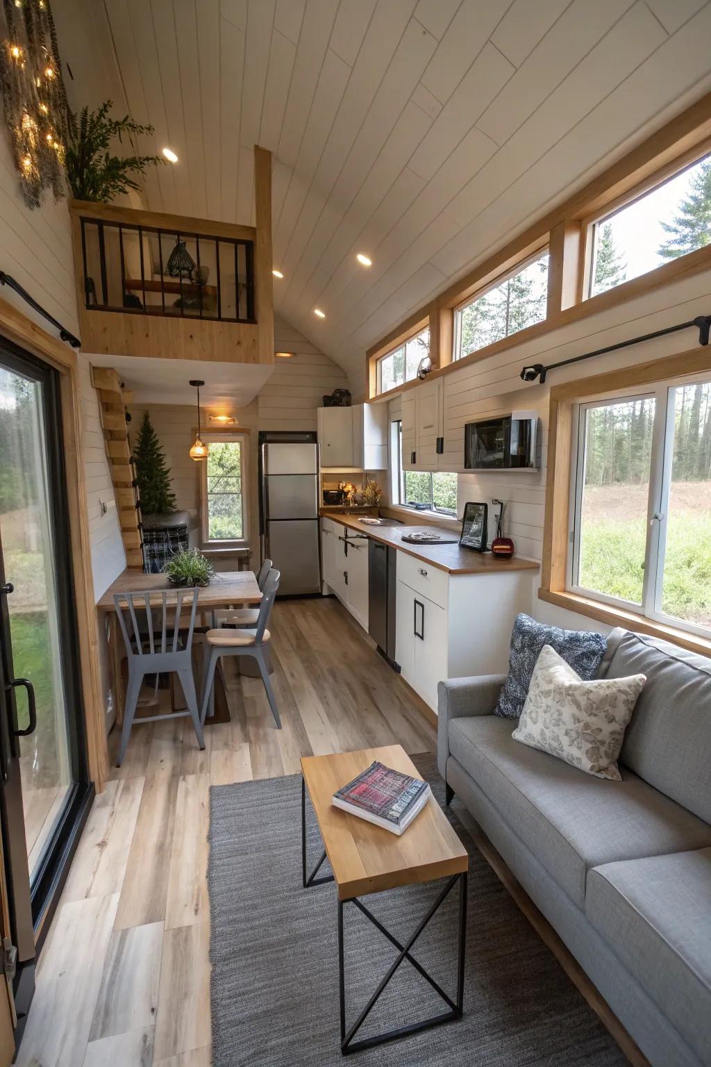 Open concept designs evoke an atmosphere of spaciousness and coherence in compact houses.
