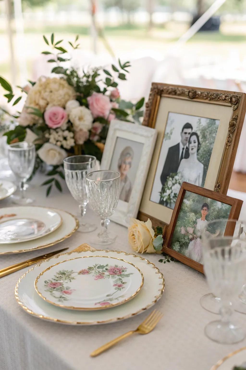 Cherished family artifacts seamlessly integrated into the wedding décor, imparting a poignant sentiment.